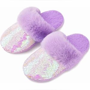 Lilac Mermaid 🧜‍♀️ Sequin Faux-Fur Slide Slippers Size Girls 13/1